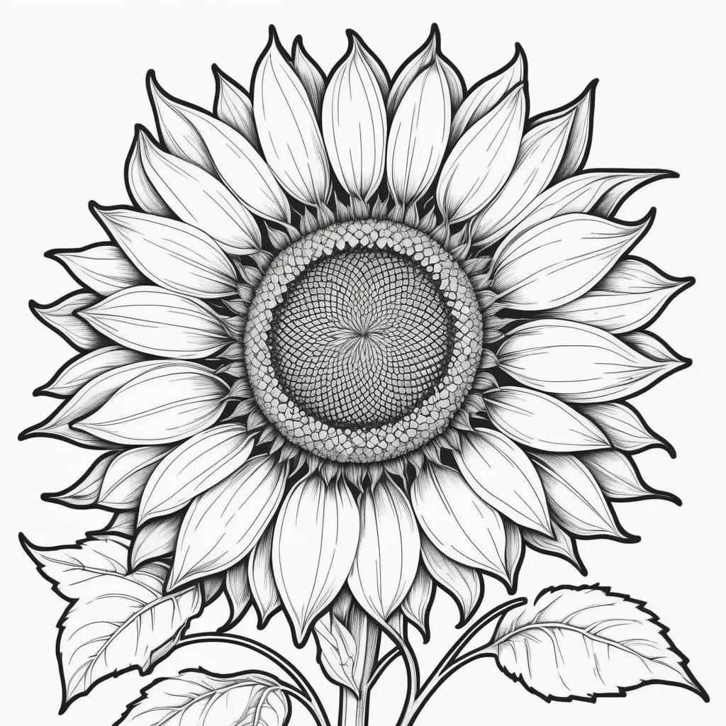 Black and white drawing of a sunflower coloring page