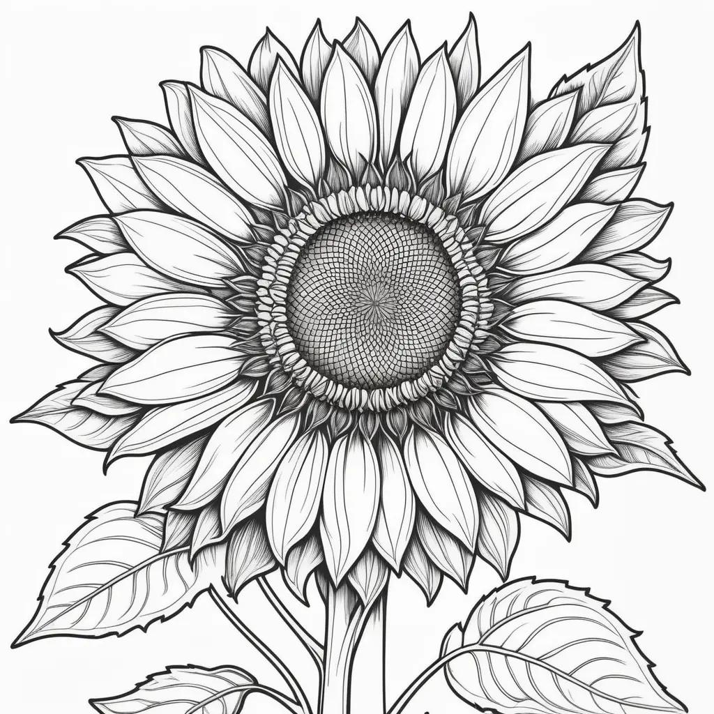 Black and white drawing of a sunflower coloring page