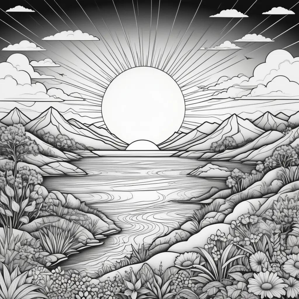 Black and white drawing of a sunset with mountains and flowers