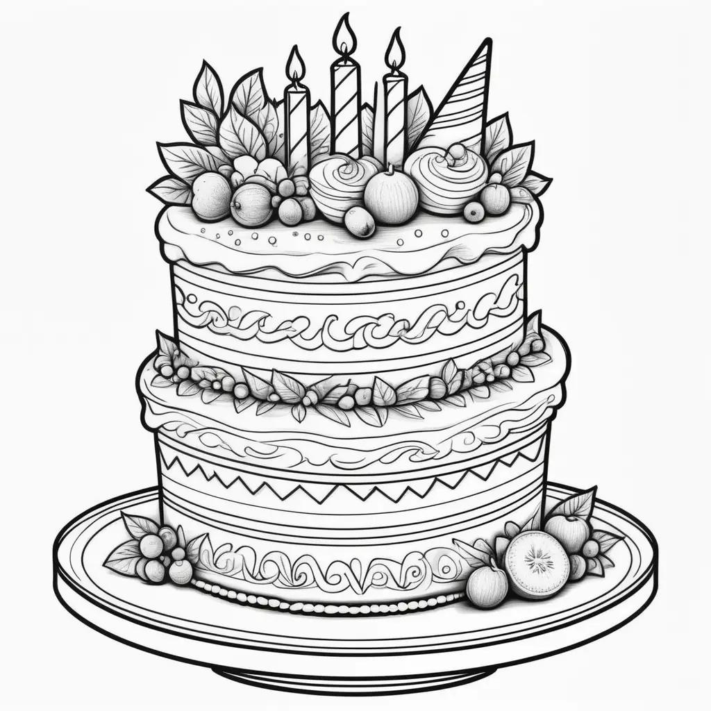 Black and white drawing of a three-tiered birthday cake