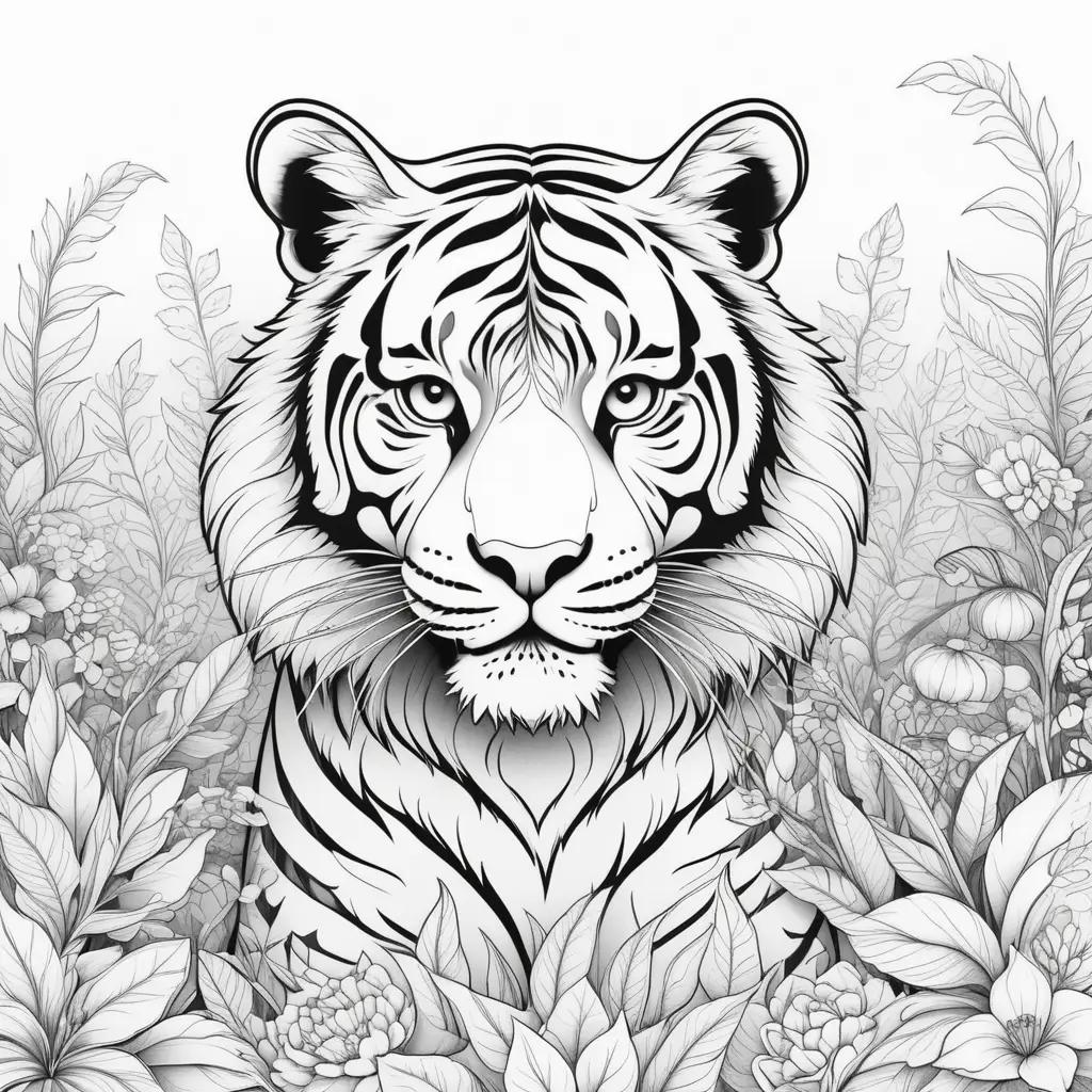 Black and white drawing of a tiger in a field of flowers