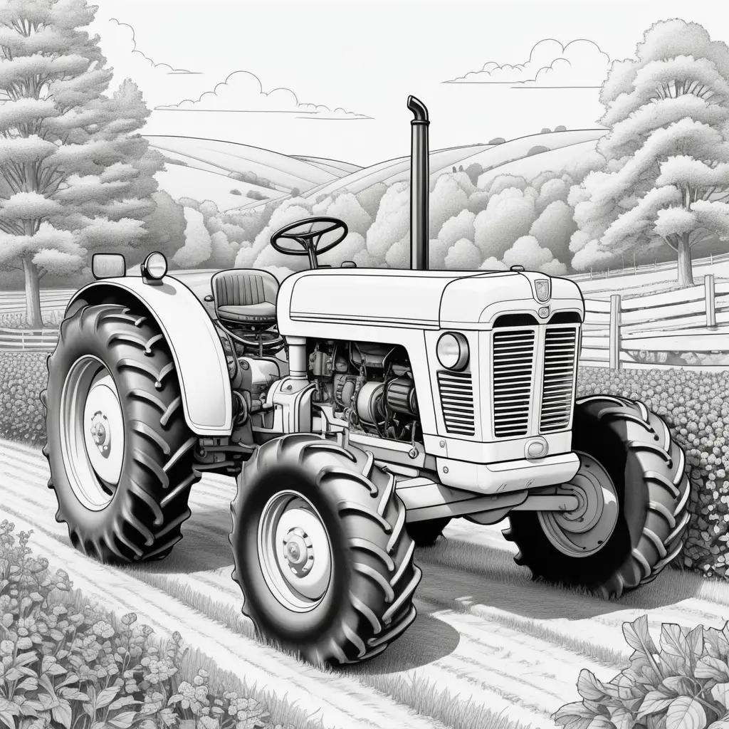 Black and white drawing of a tractor in a rural setting