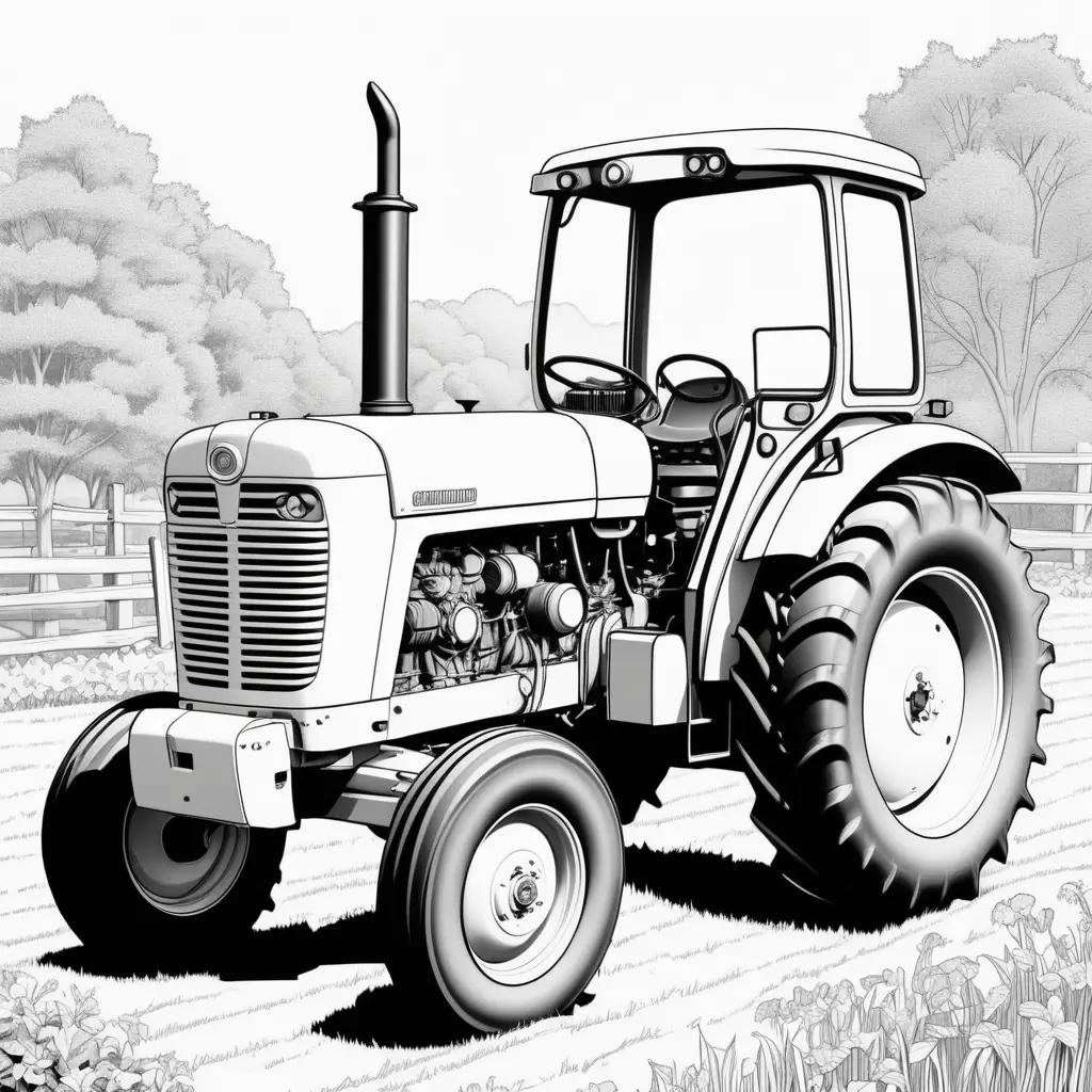 Black and white drawing of a tractor on a farm