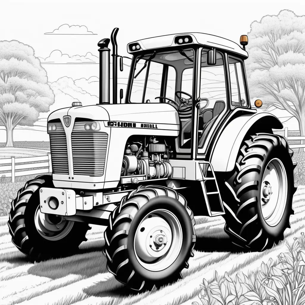 Black and white drawing of a tractor on a farm