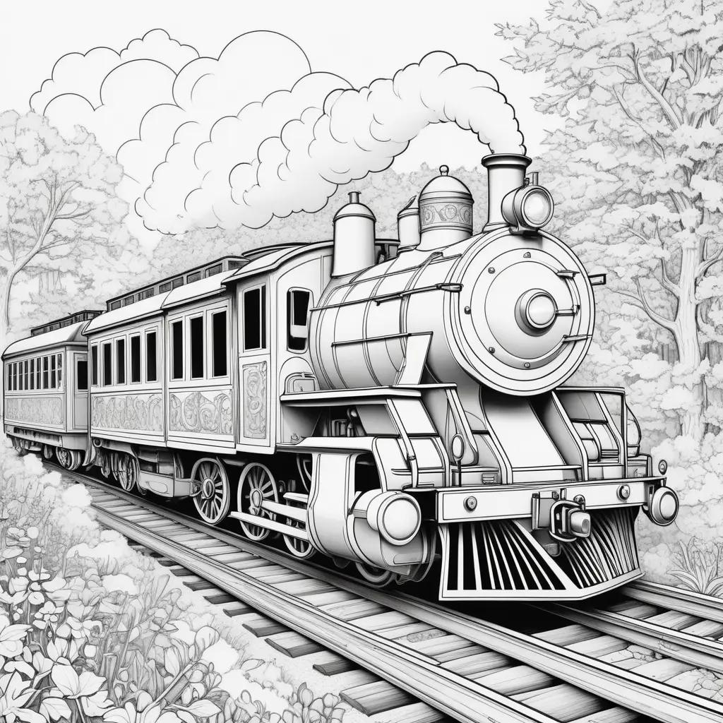 Black and white drawing of a train in a forest