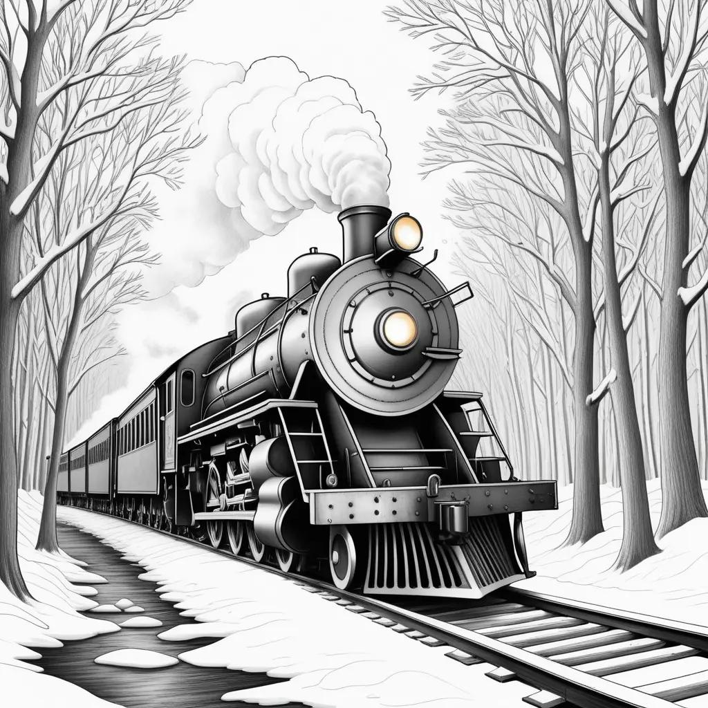 Black and white drawing of a train on a snowy track