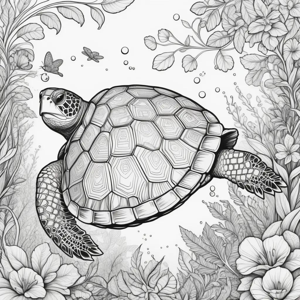 Black and white drawing of a turtle in water