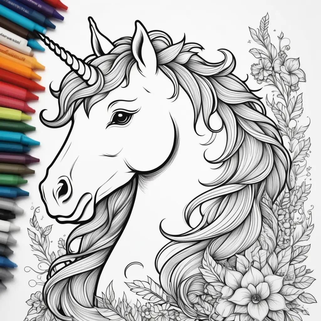 Black and white drawing of a unicorn with coloring pages in the background