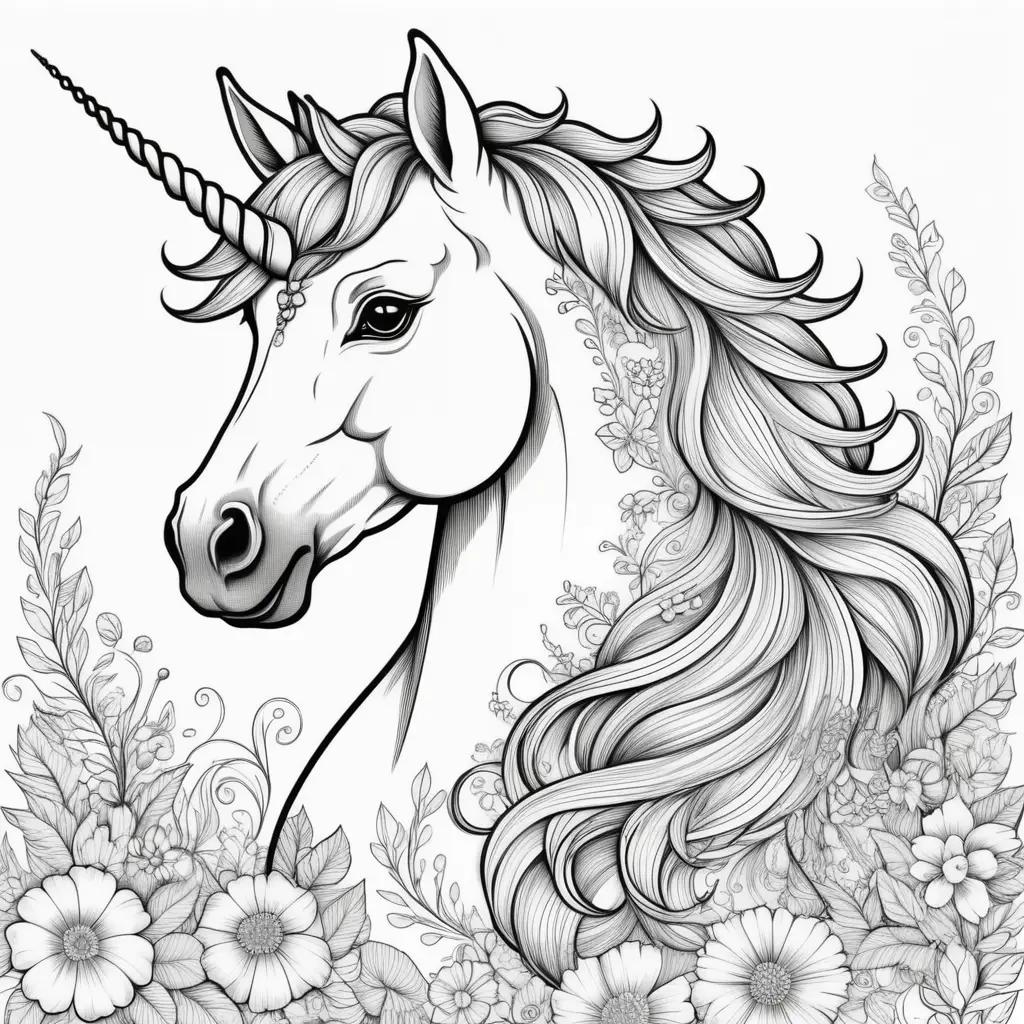 Black and white drawing of a unicorn with flowers