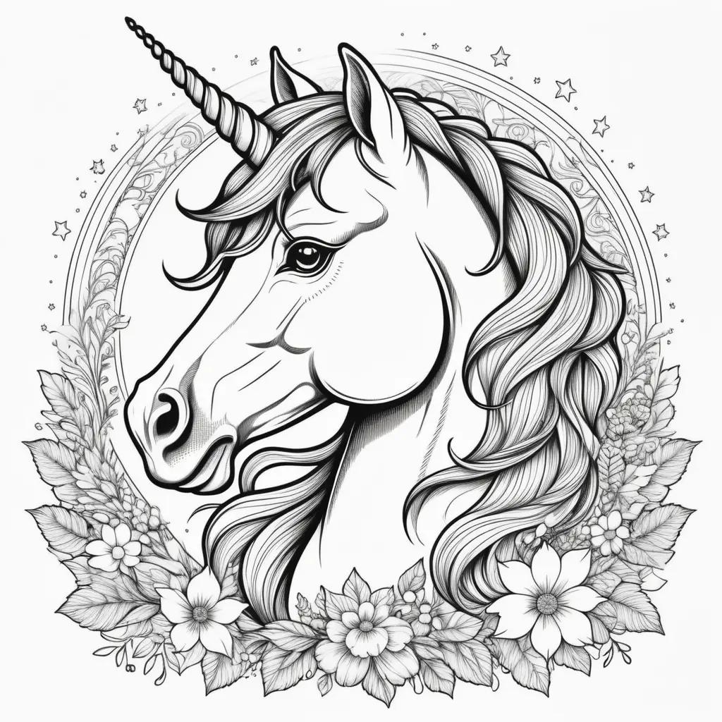 Black and white drawing of a unicorn with stars and flowers in a circle