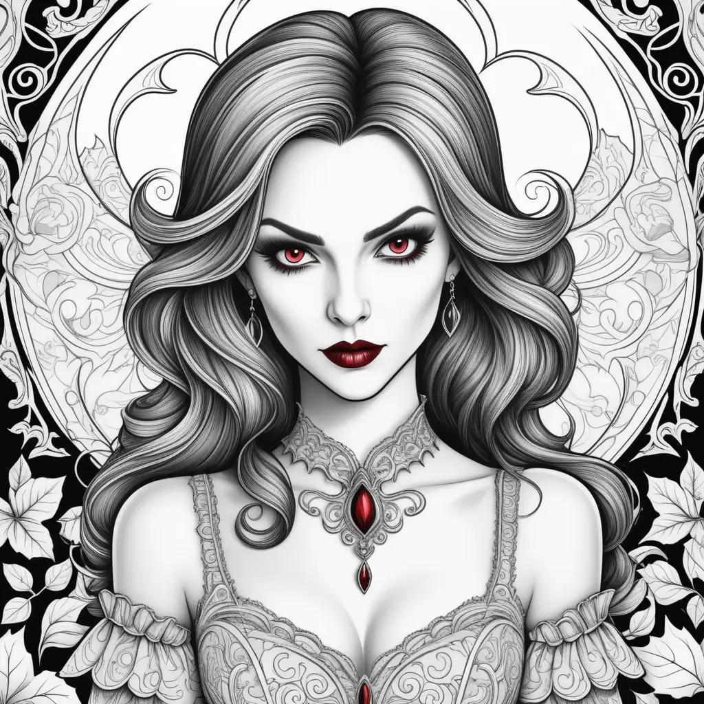 Black and white drawing of a vampire in a dress with red eyes