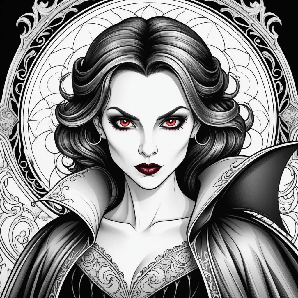 Black and white drawing of a vampire with red eyes and a crown