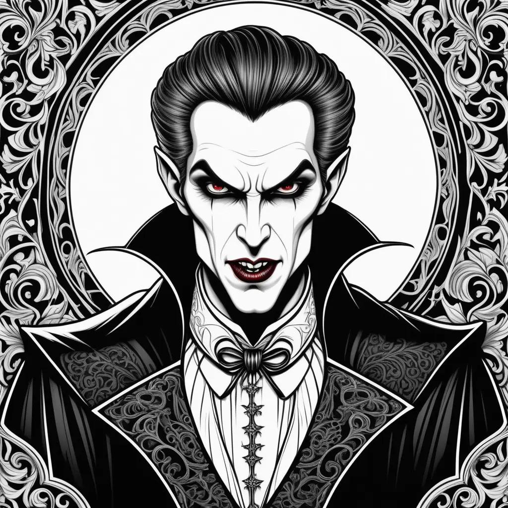 Black and white drawing of a vampire with red eyes