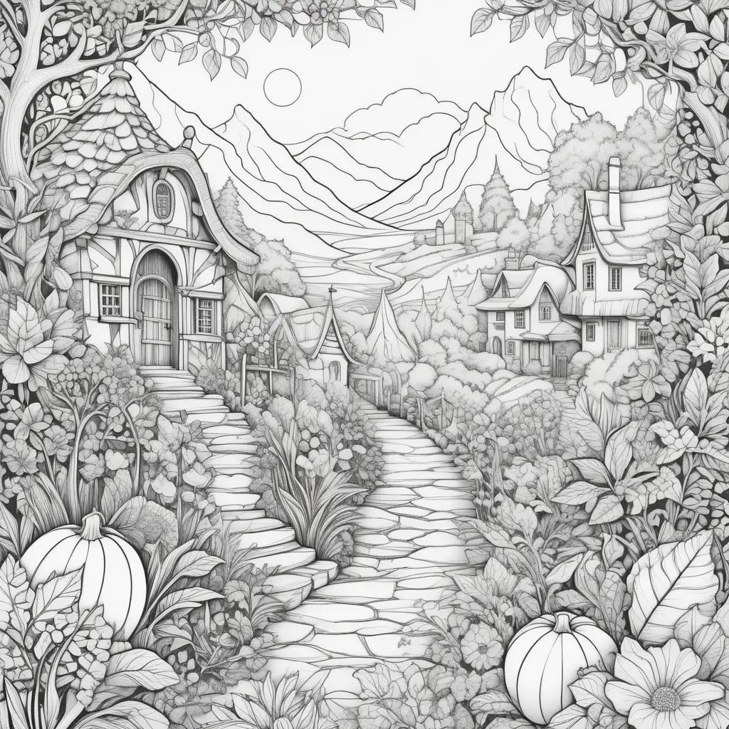 Black and white drawing of a village and mountains