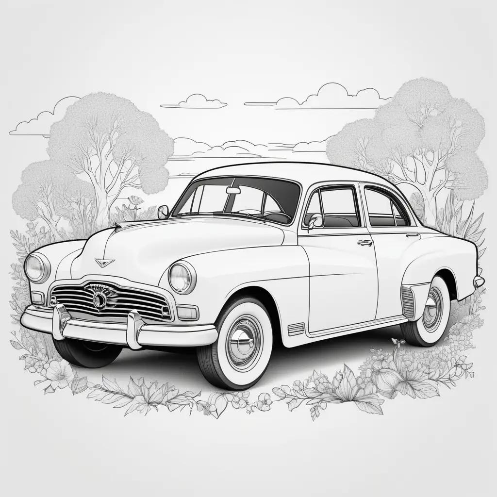 Black and white drawing of a vintage car