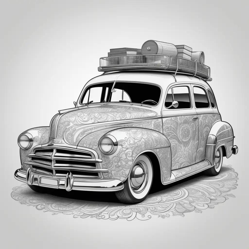 Black and white drawing of a vintage car on a paisley background