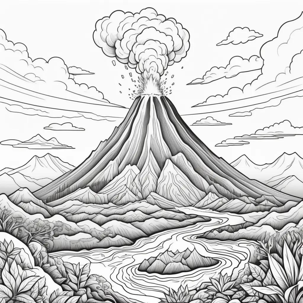 Black and white drawing of a volcano and a valley