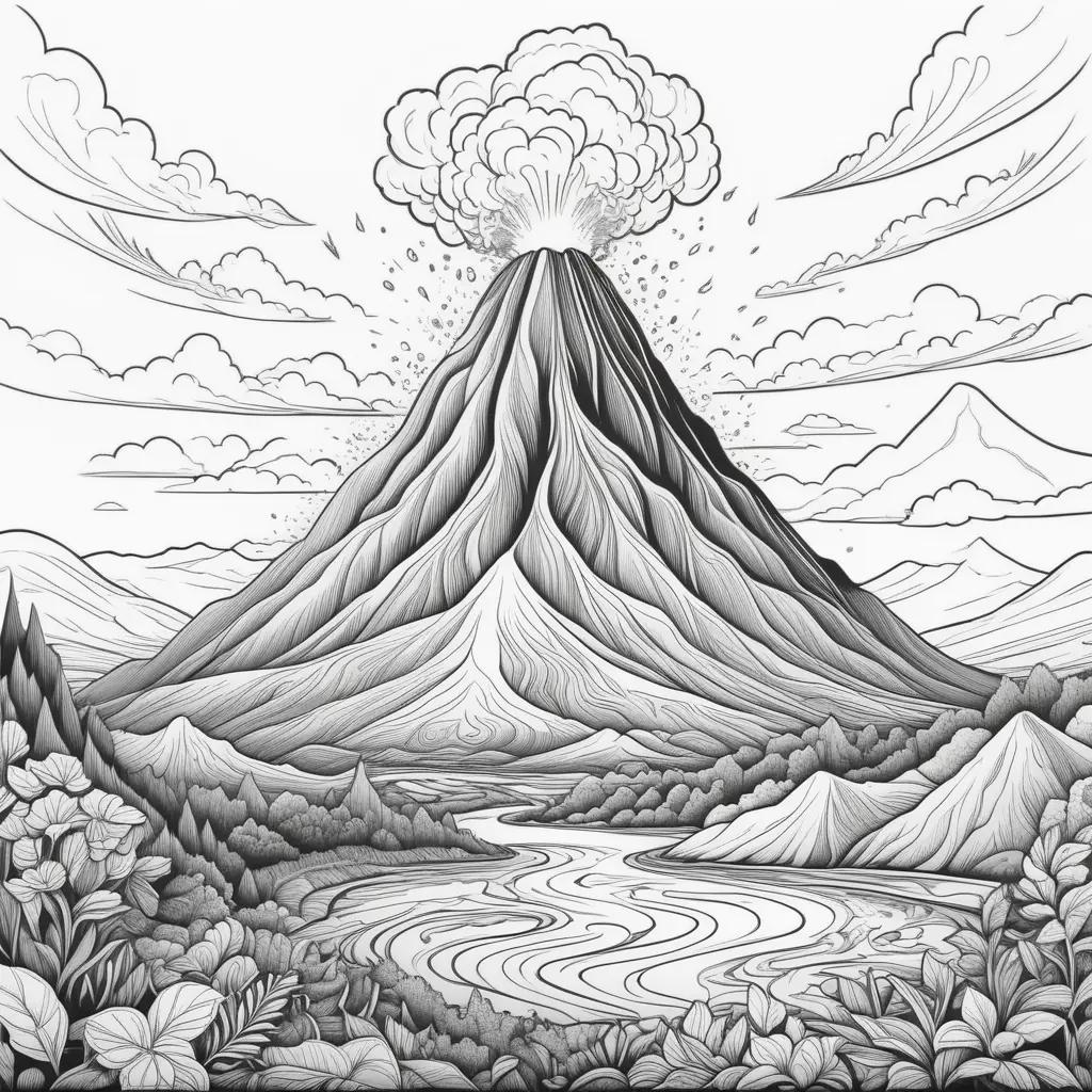 Black and white drawing of a volcano and lake