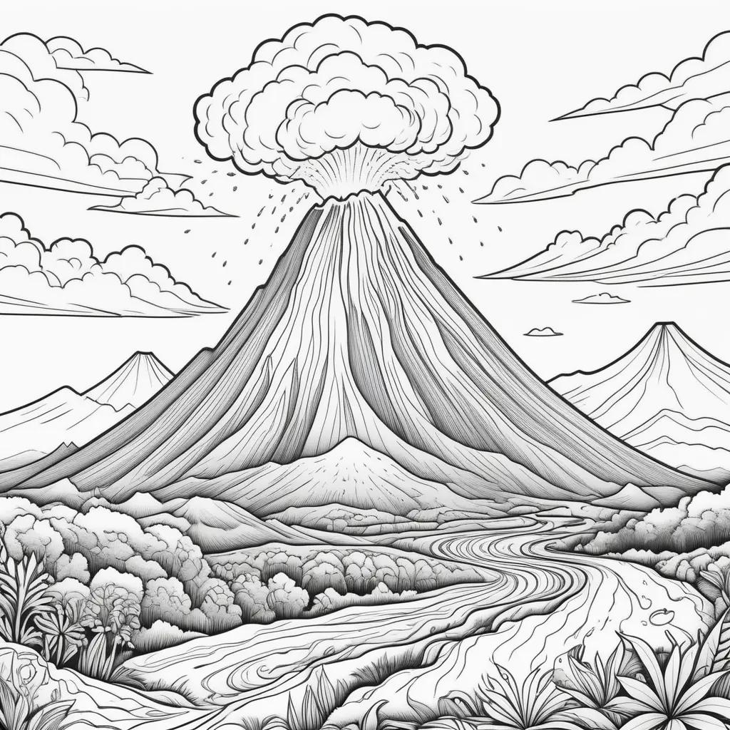 Black and white drawing of a volcano and surrounding landscape