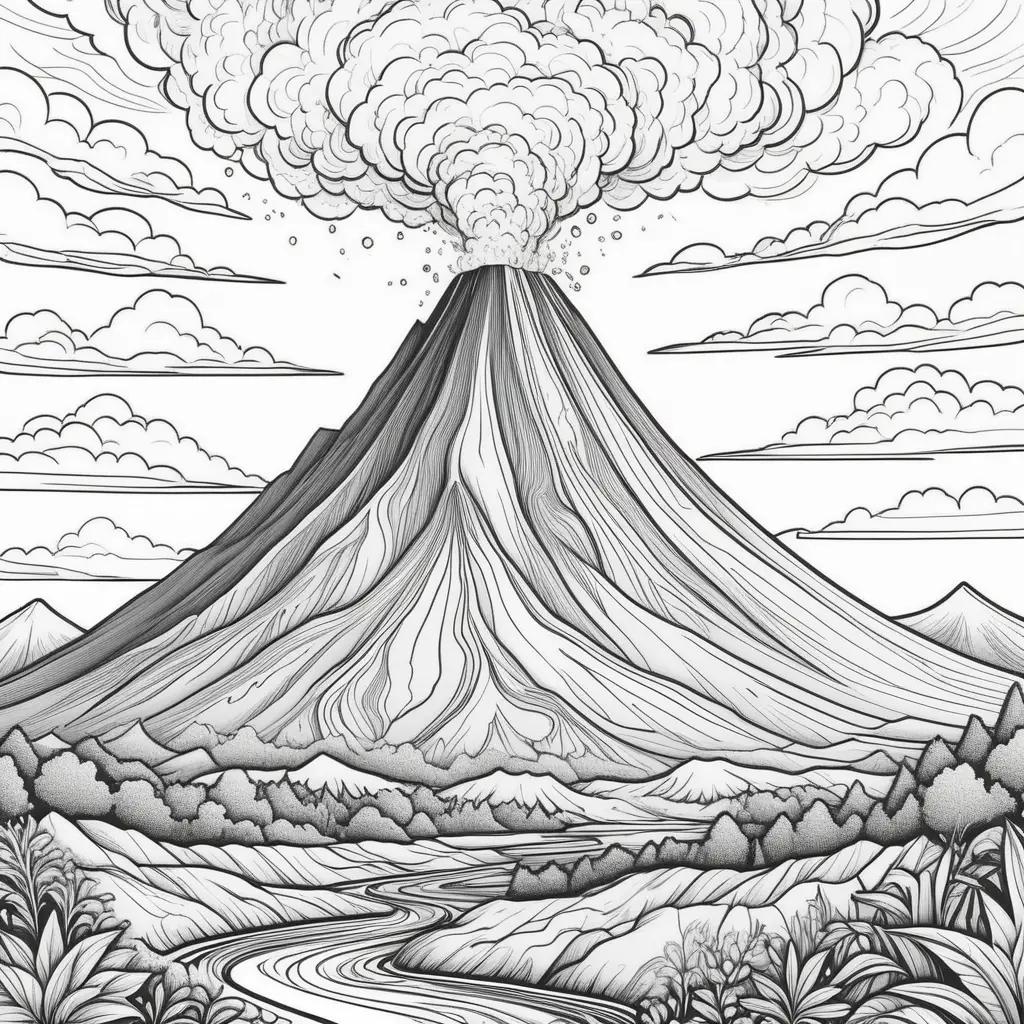 Black and white drawing of a volcano erupting