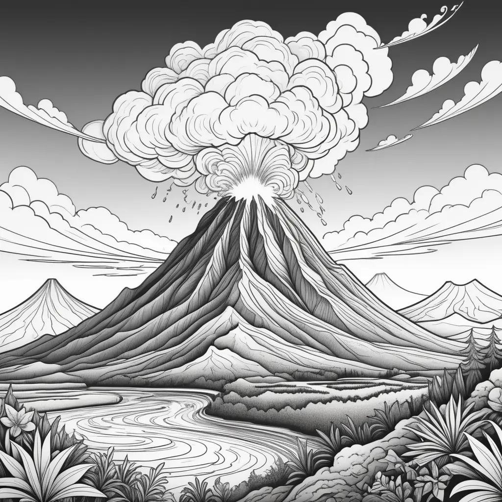 Black and white drawing of a volcano with a river and clouds in the background