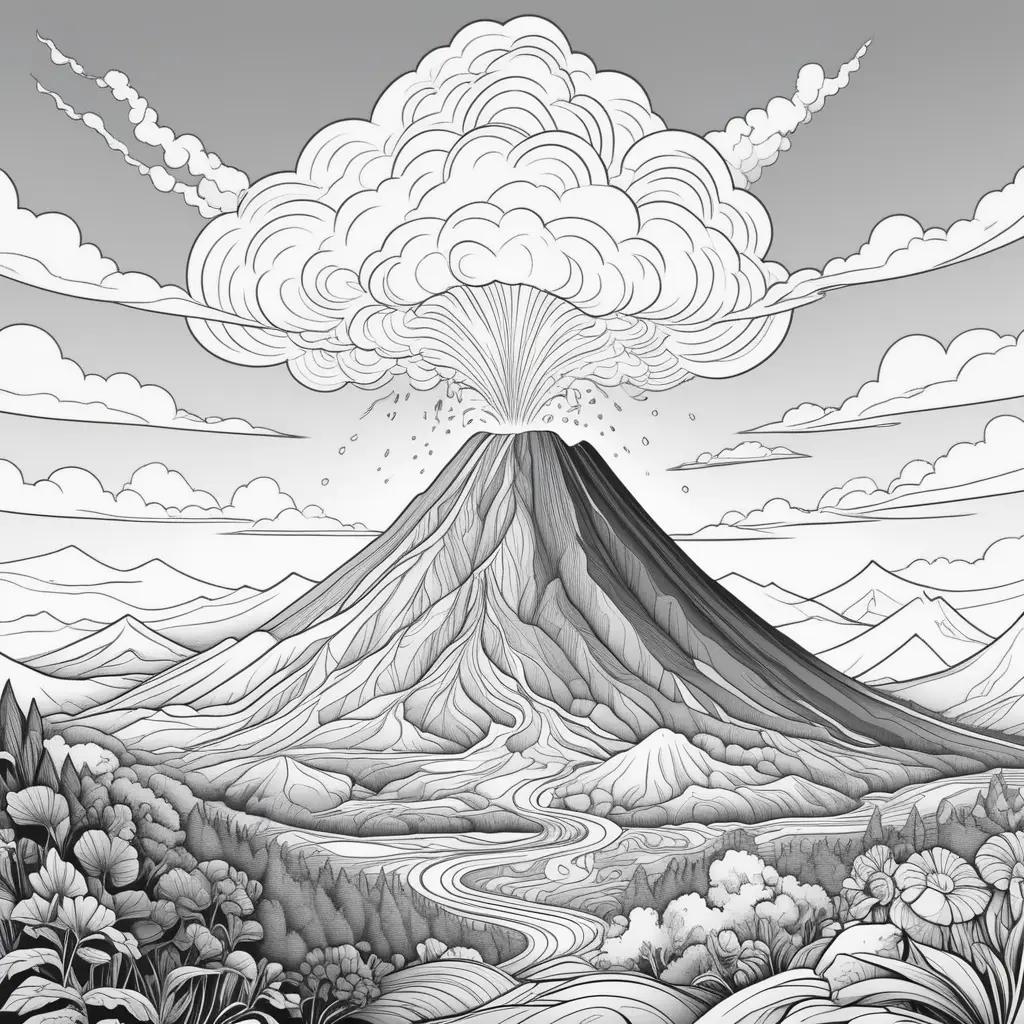 Black and white drawing of a volcano with clouds