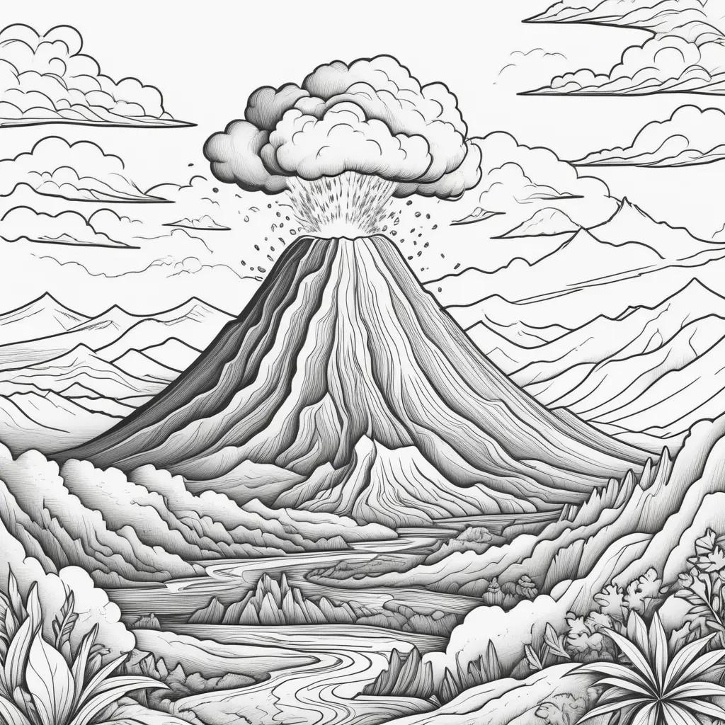 雲のある火山の白黒の絵