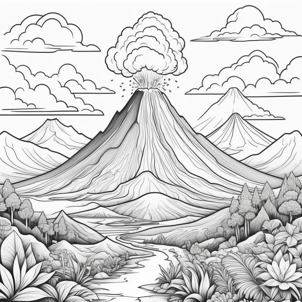 Black and white drawing of a volcano with clouds and trees