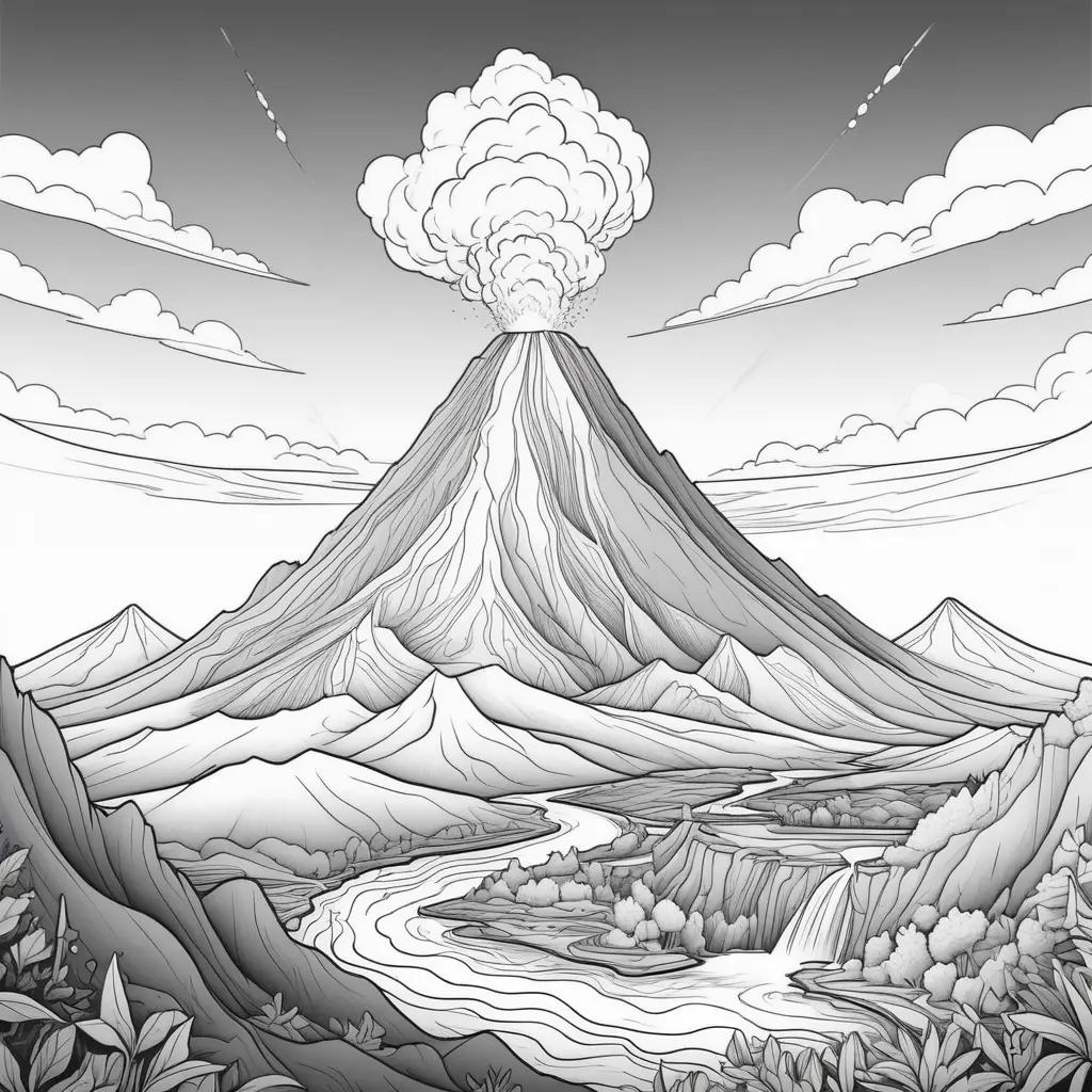 Black and white drawing of a volcano with smoke