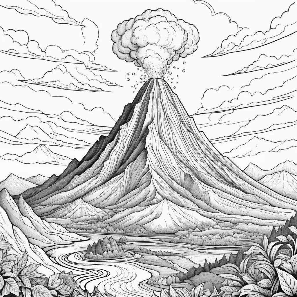 Black and white drawing of a volcano with smoke