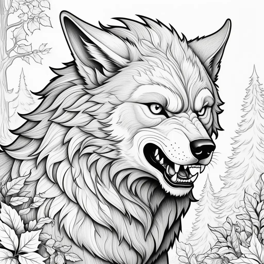 Black and white drawing of a werewolf in forest