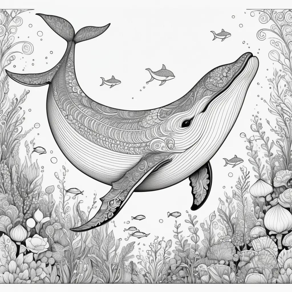 Black and white drawing of a whale in the ocean