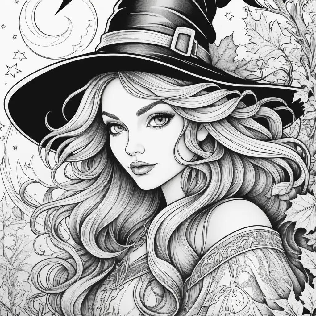 Black and white drawing of a witch wearing a hat