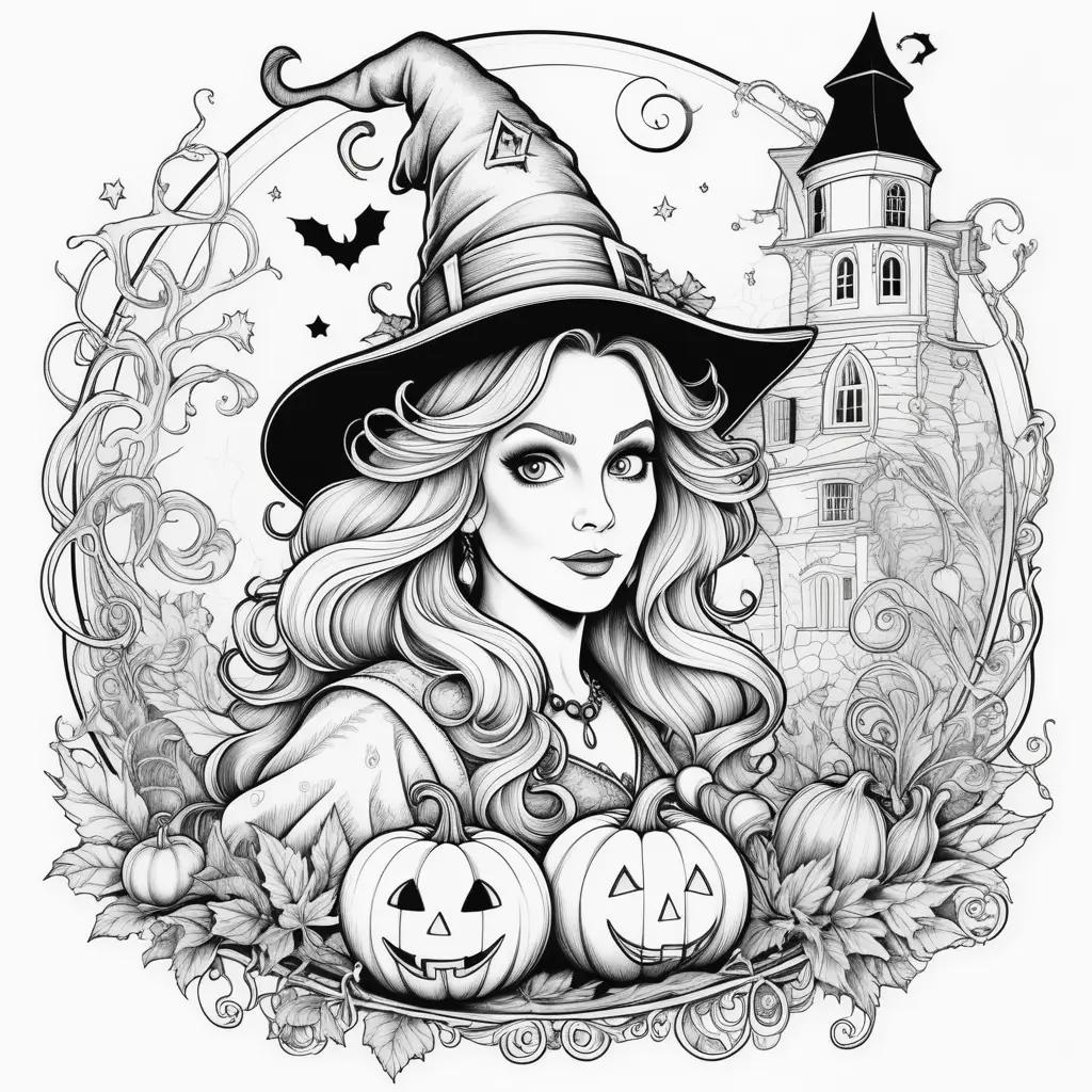 Black and white drawing of a witch with pumpkins