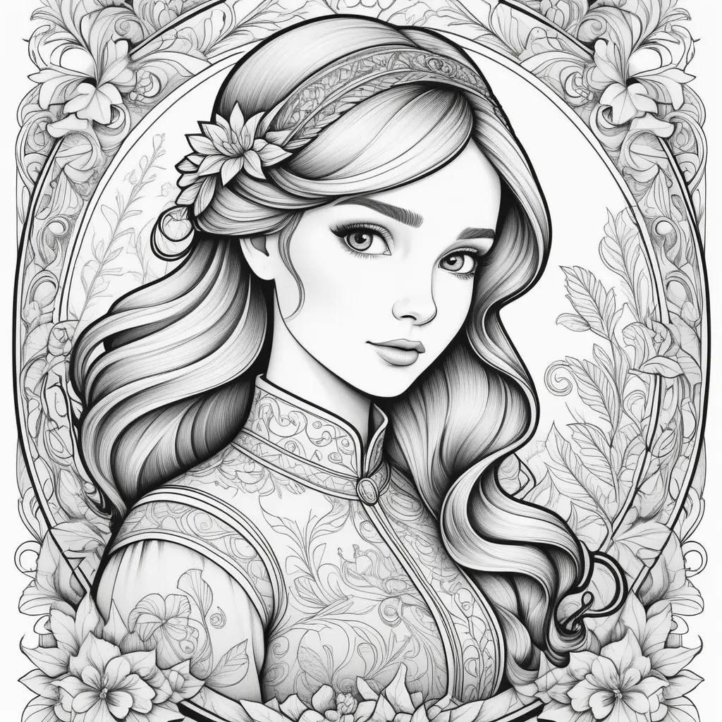 Black and white drawing of a woman in a flower crown