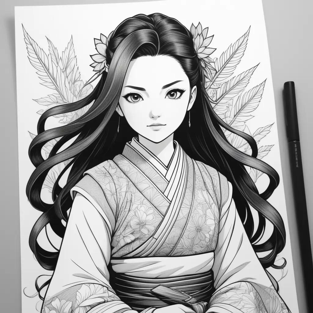 Black and white drawing of a woman in a kimono