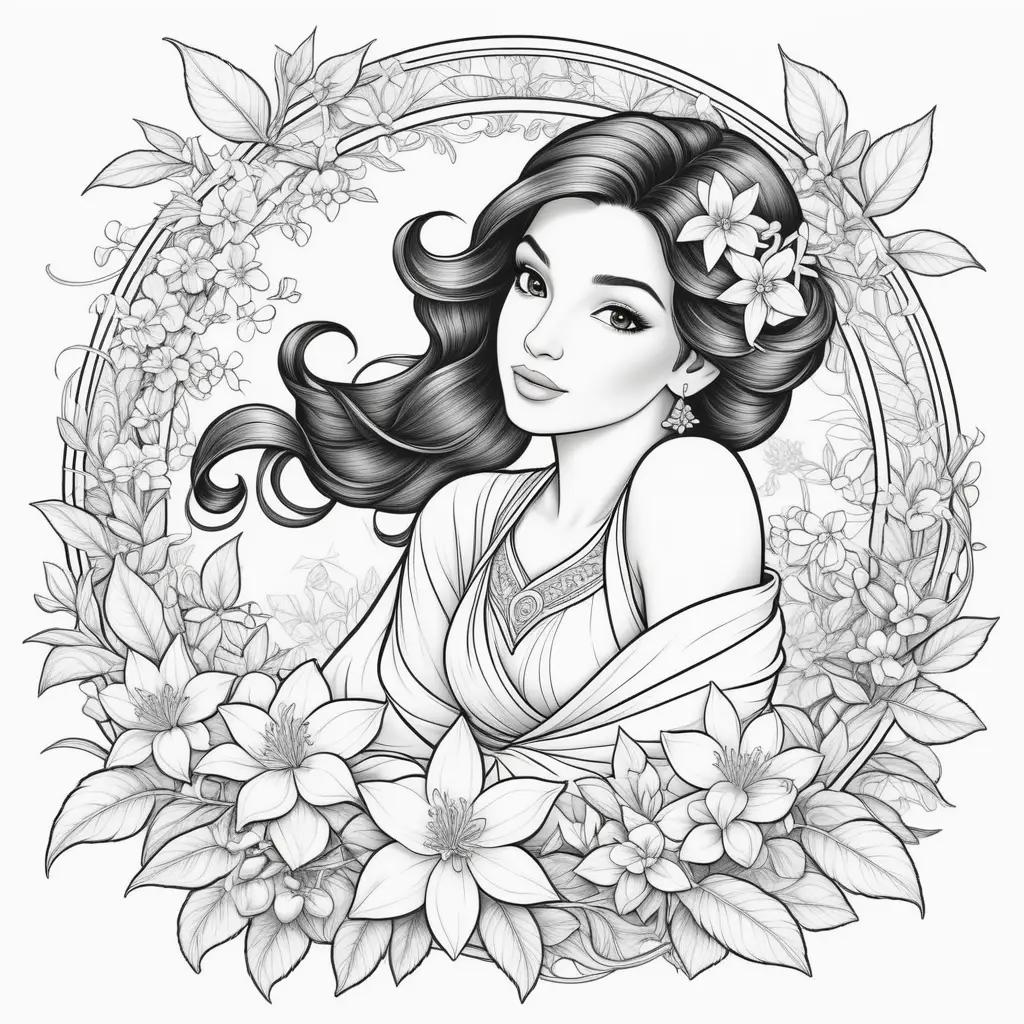 Black and white drawing of a woman with a flower crown