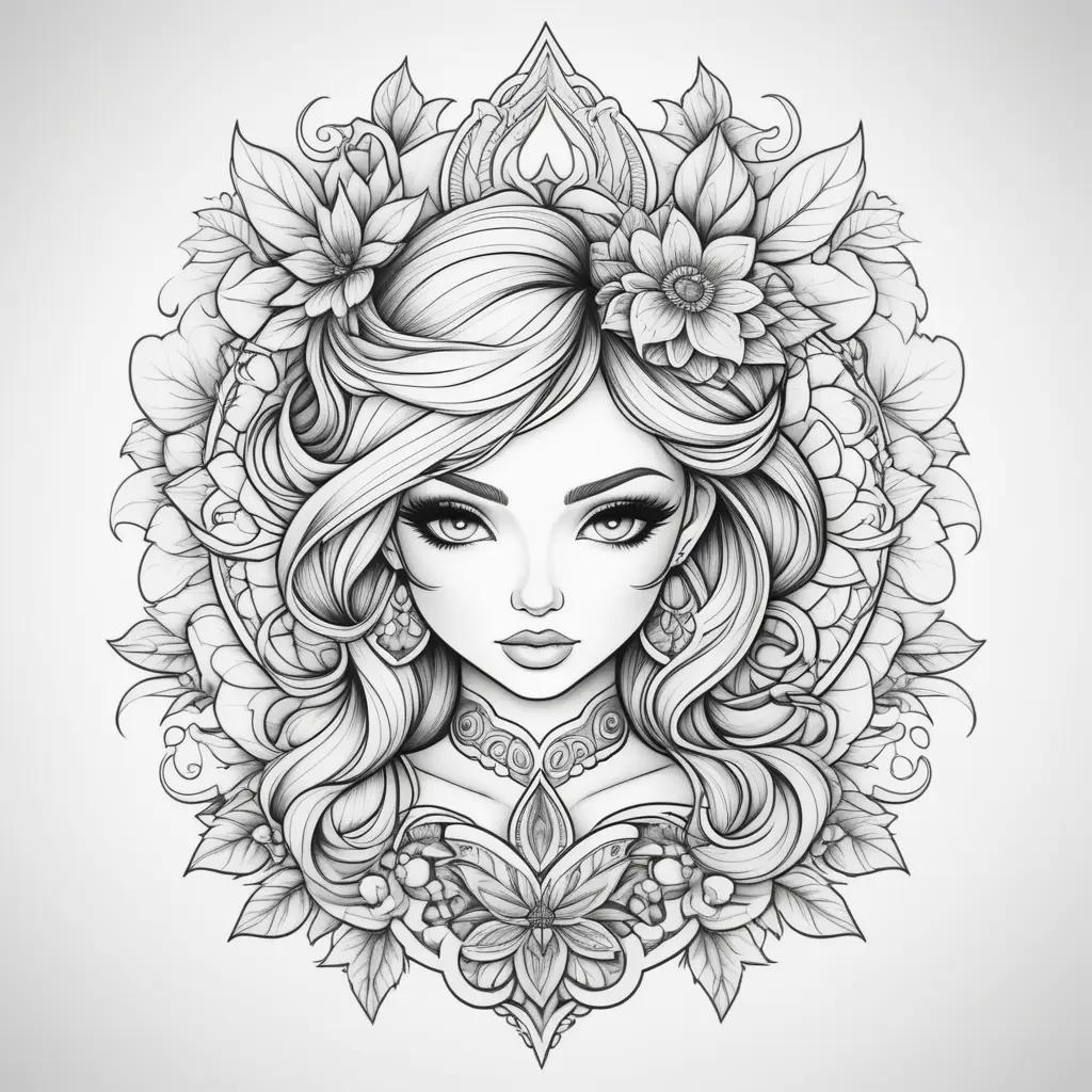 Black and white drawing of a woman with a flower tattoo on her neck