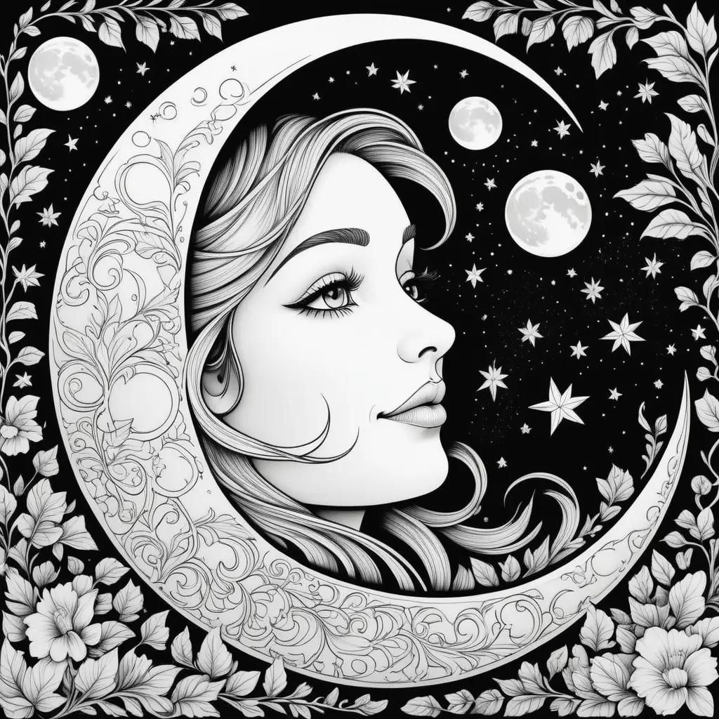 Black and white drawing of a woman with a moon coloring pages