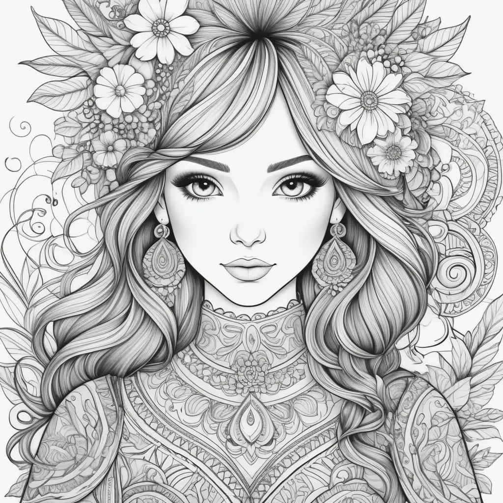 Black and white drawing of a woman with flowers on her head