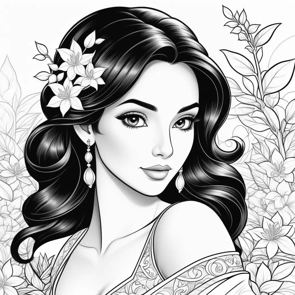 Black and white drawing of a woman with jasmine flowers