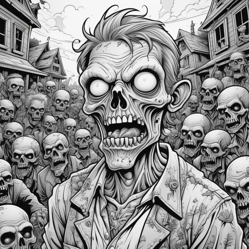 Black and white drawing of a zombie in a crowd of zombies