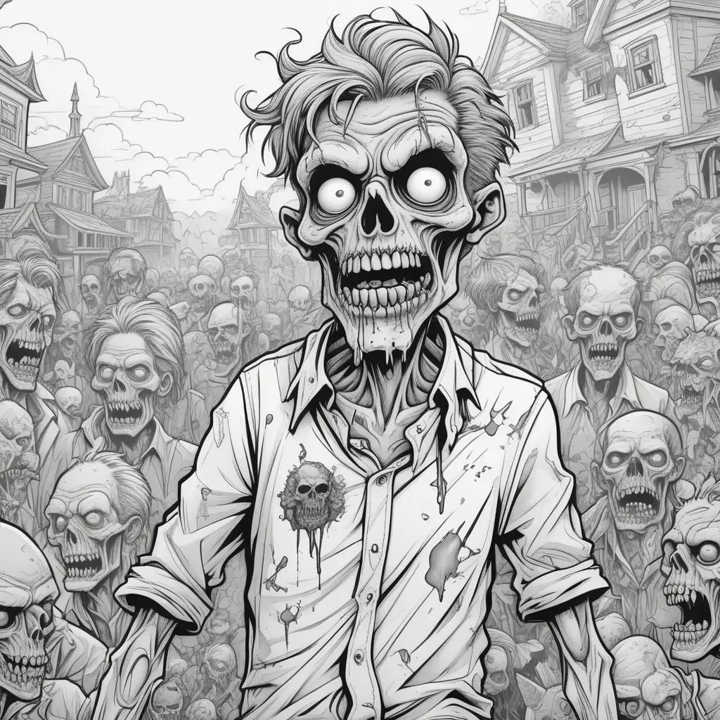 Black and white drawing of a zombie man in a shirt