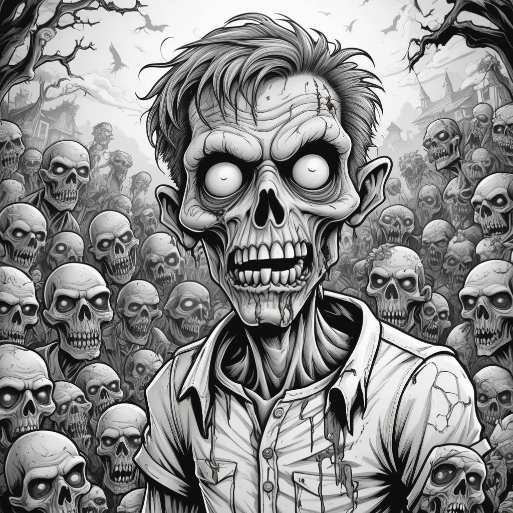 Black and white drawing of a zombie with color pages around him