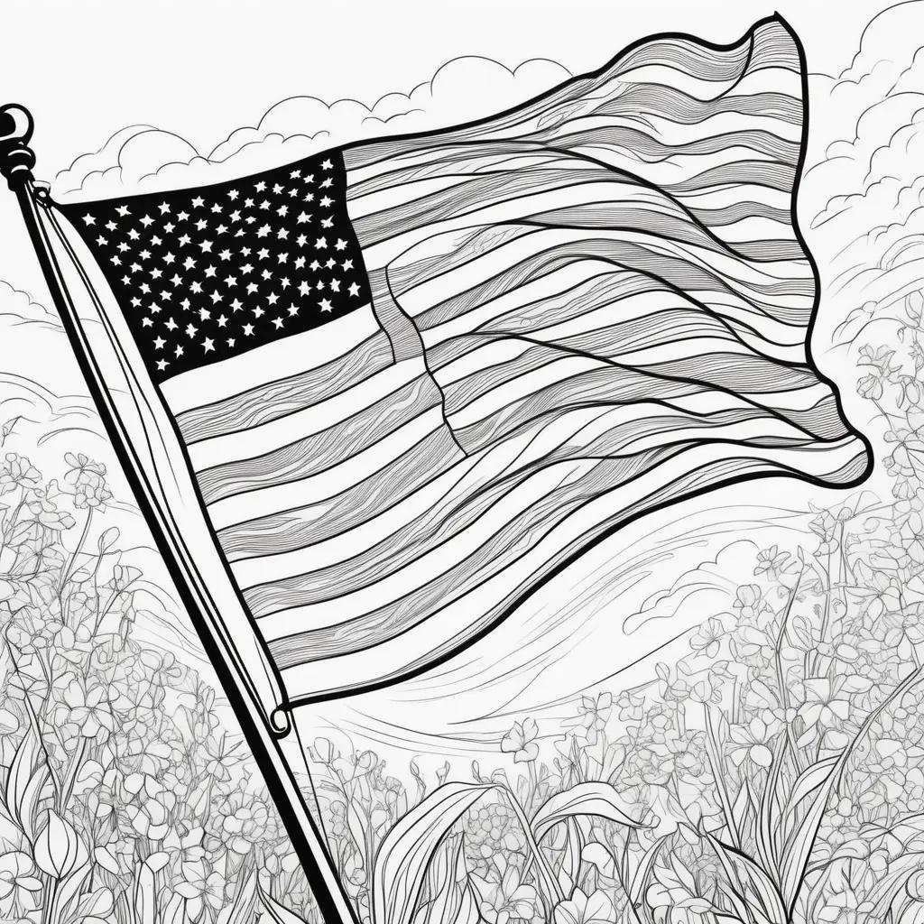 Black and white drawing of an American flag in the grass