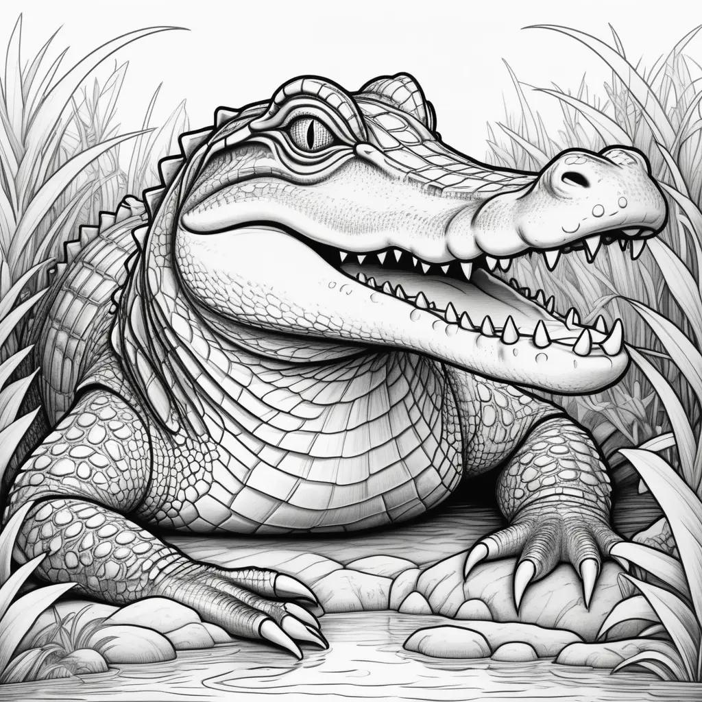 Black and white drawing of an alligator with its mouth open