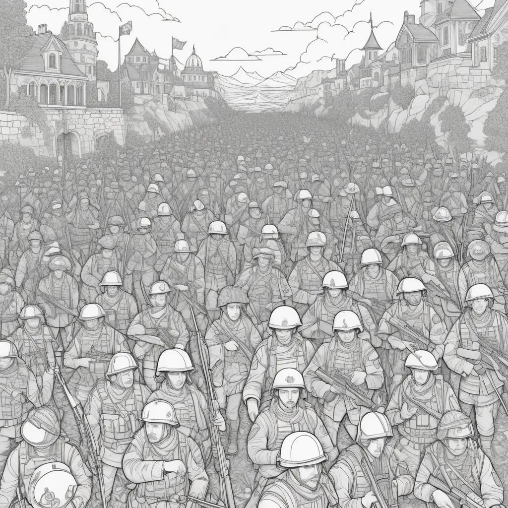 Black and white drawing of an army marching