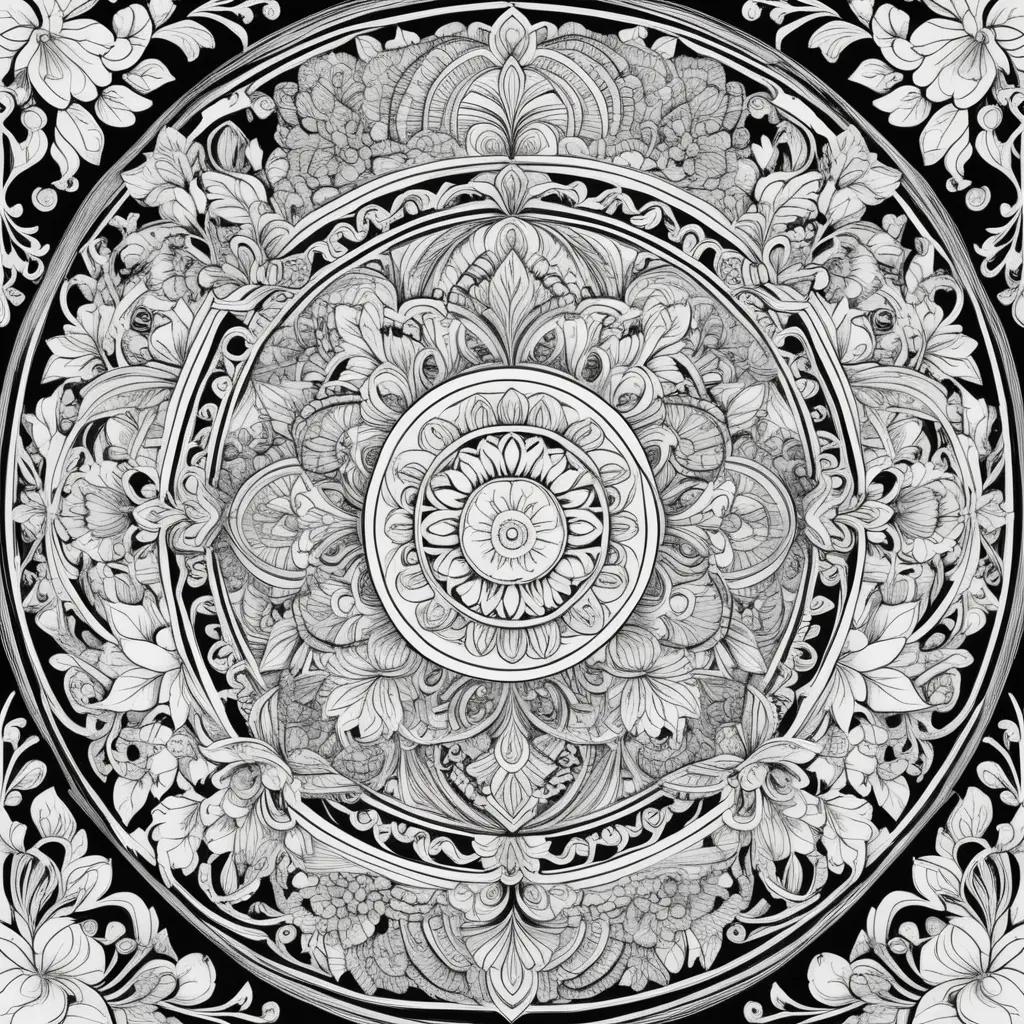 Black and white drawing of an ornate floral design