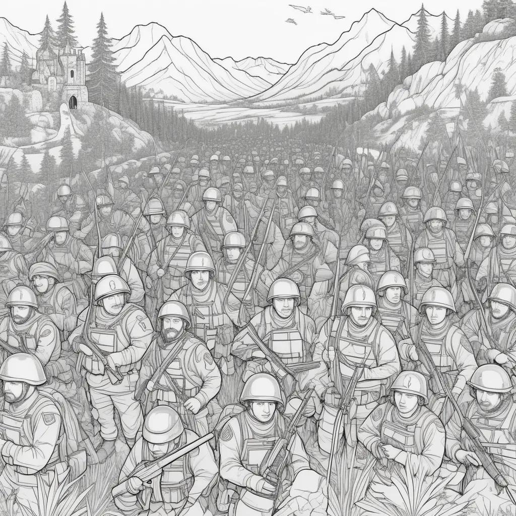 Black and white drawing of army coloring pages