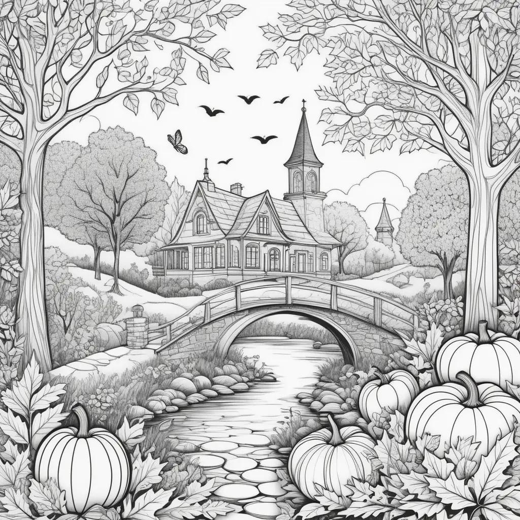 Black and white drawing of autumn leaves and pumpkins